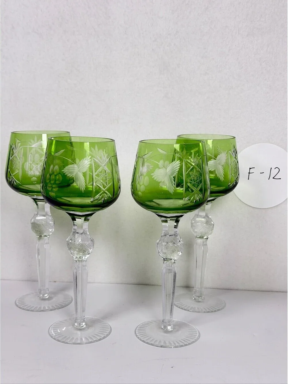 Ajka Green Cut Crystal Wine Goblets Grapes Pattern Set of 4 Hungary F-12